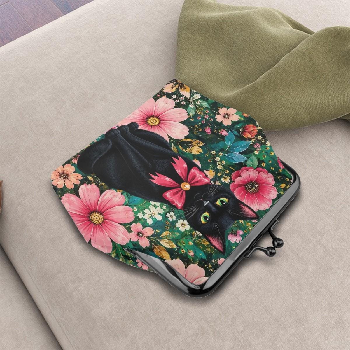 Floral Cat Leather Kiss Lock Coin Purse for Women | Vintage Clasp Pouch