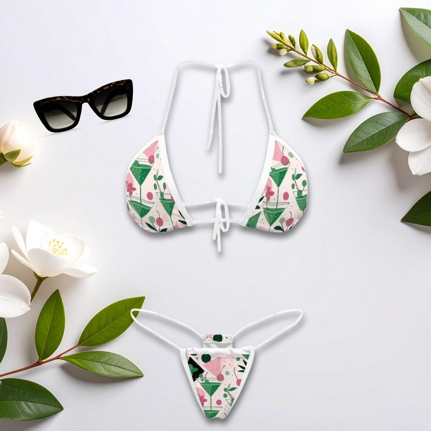 Martini Bikini with Transparent Straps - Playful Green Two Piece Swimwear