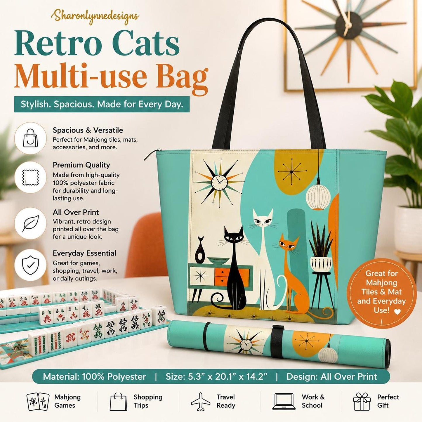 Yoga Mat Carrier, Retro Cats Multi-use Bag with All Over Print
