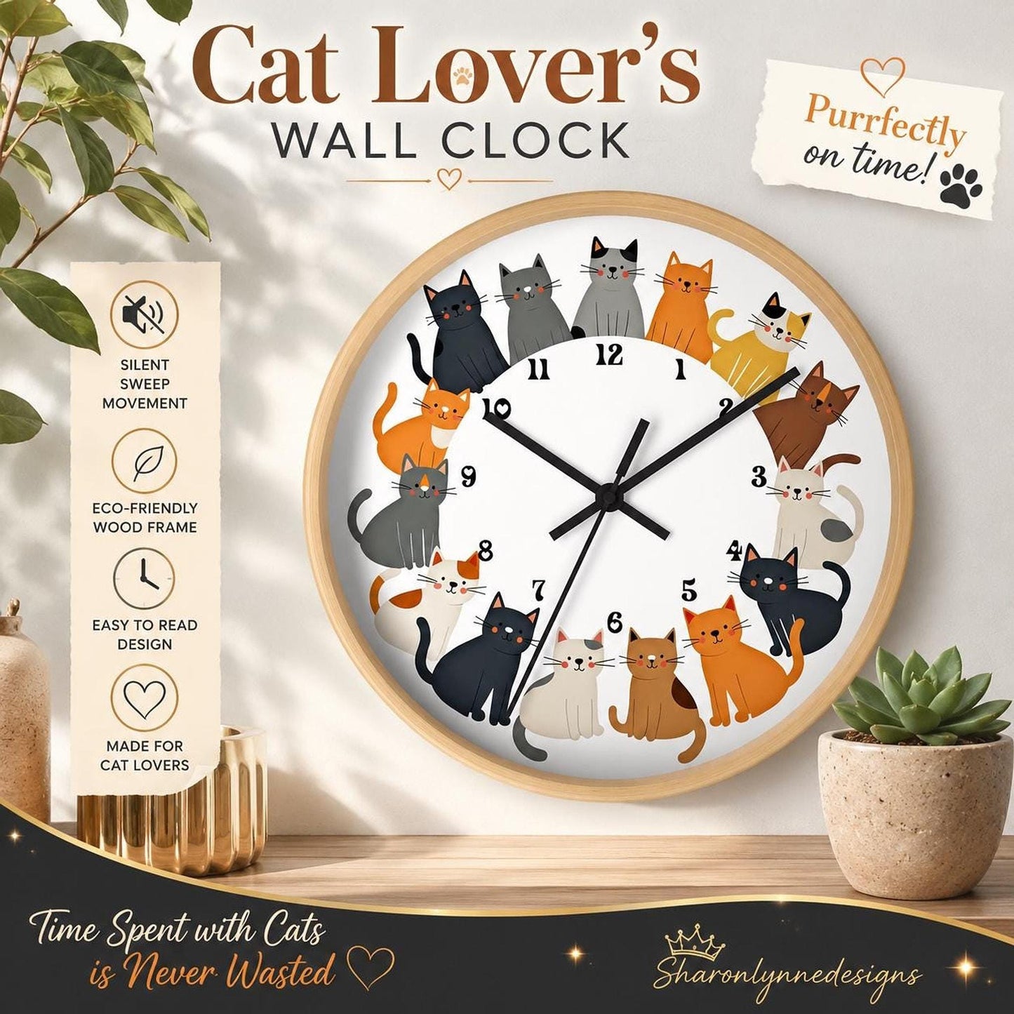Cat Wall Clock: Playful Kitty Decor with Colorful Design and Wood Frame