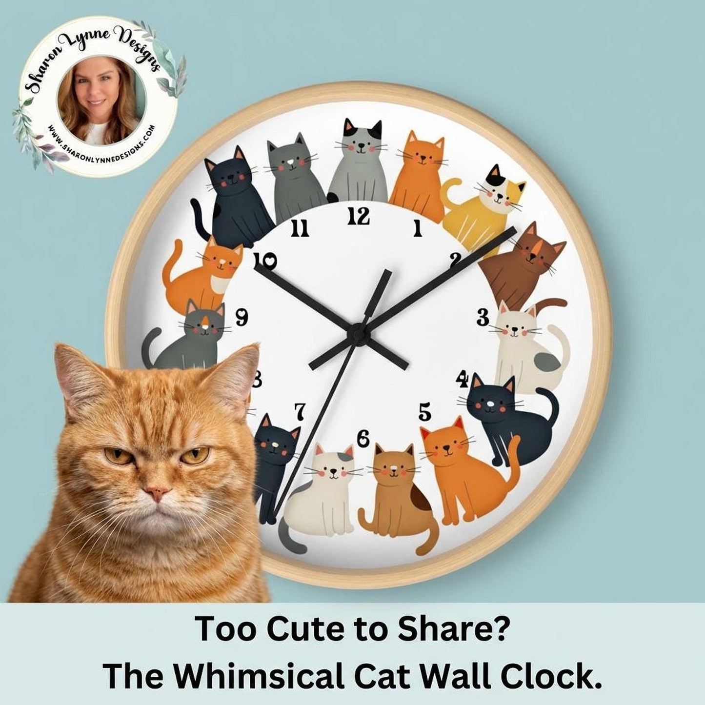 Cat Wall Clock: Playful Kitty Decor with Colorful Design and Wood Frame