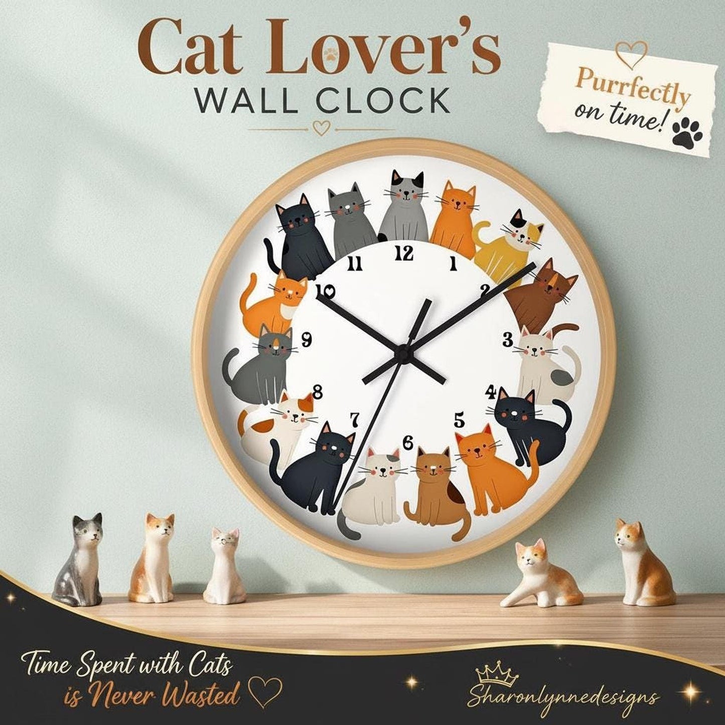Cat Wall Clock: Playful Kitty Decor with Colorful Design and Wood Frame