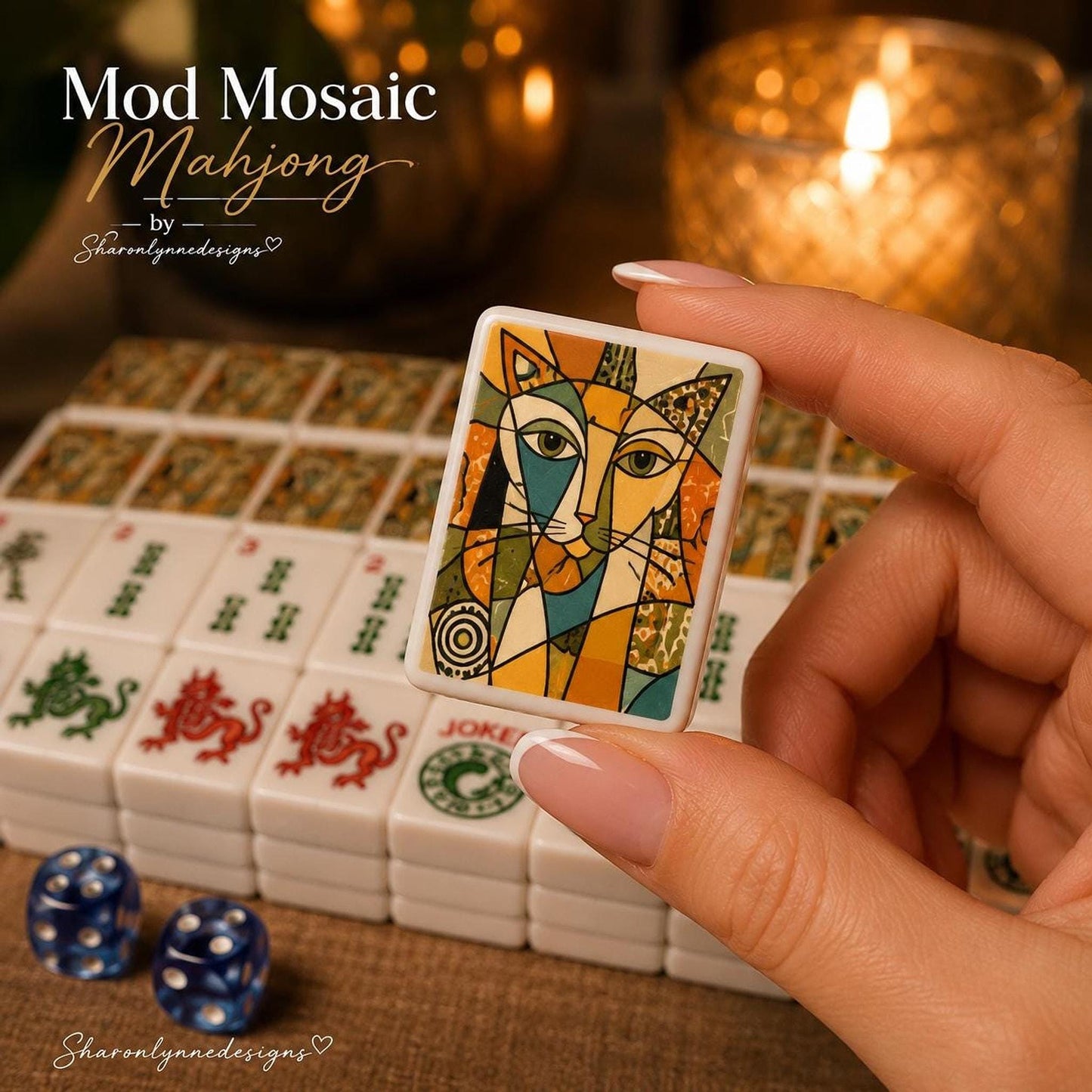 Mod Mosaic Mahjong Set, Cubist Cat Acrylic Tiles, Geometric Design (166-Piece)