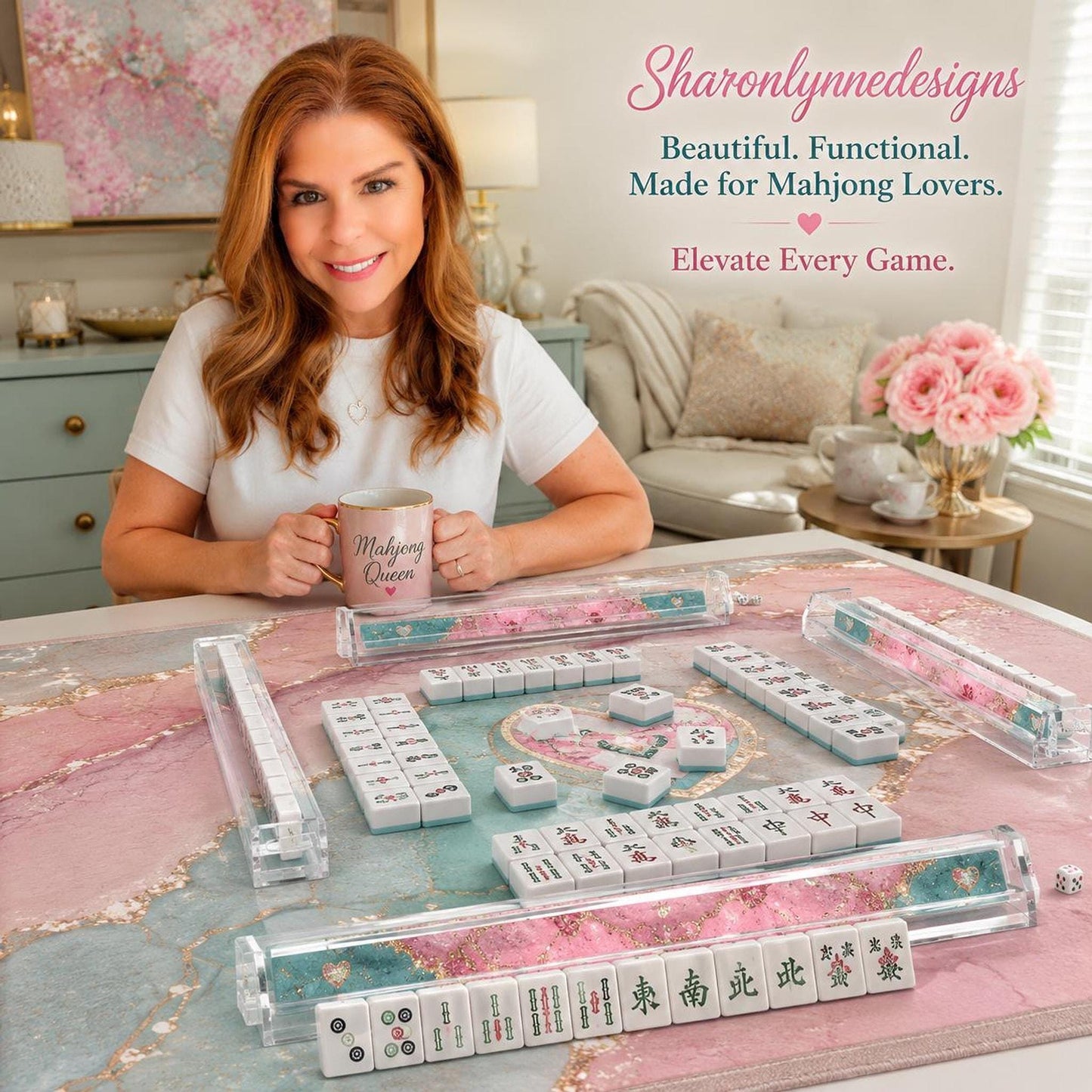 Mahjong Pusher Rack Set, Opal Heart Design with 4 Durable