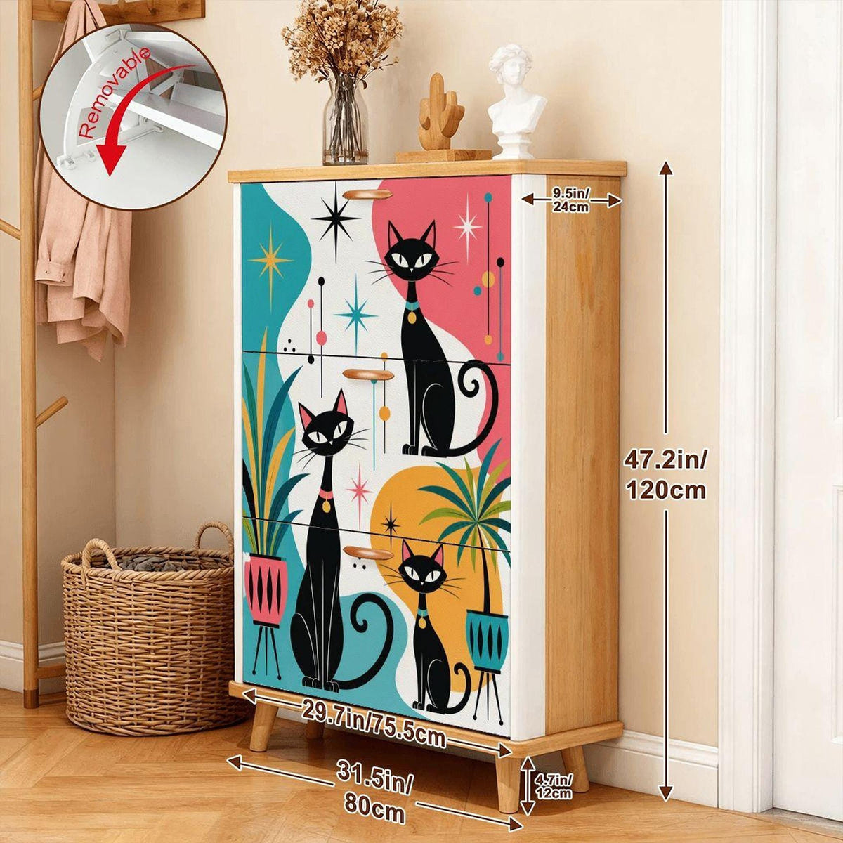 Mid-Century Shoe Cabinet with Colorful Atomic Cats Design, MDF Wood Storage Solution