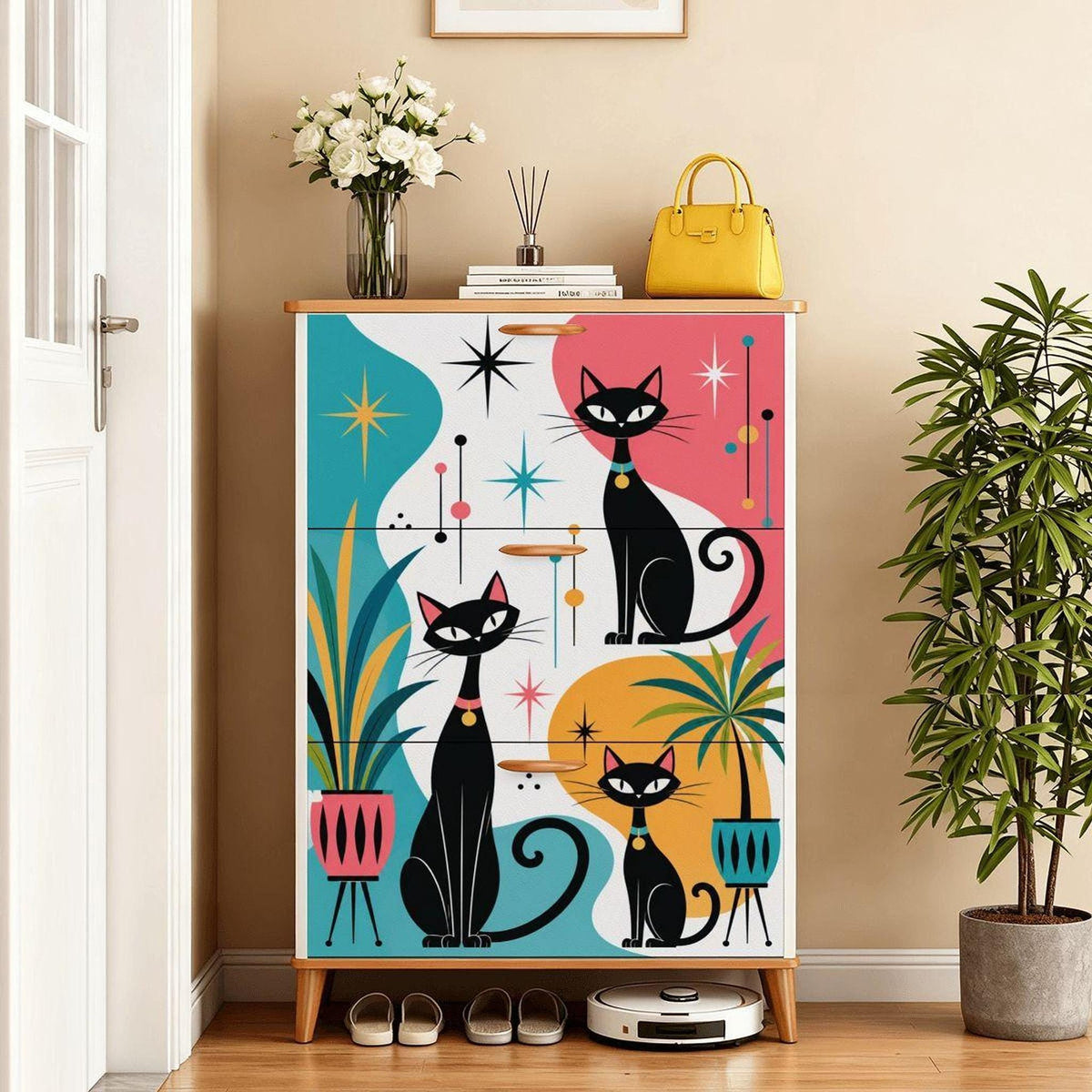 Mid-Century Shoe Cabinet with Colorful Atomic Cats Design, MDF Wood Storage Solution