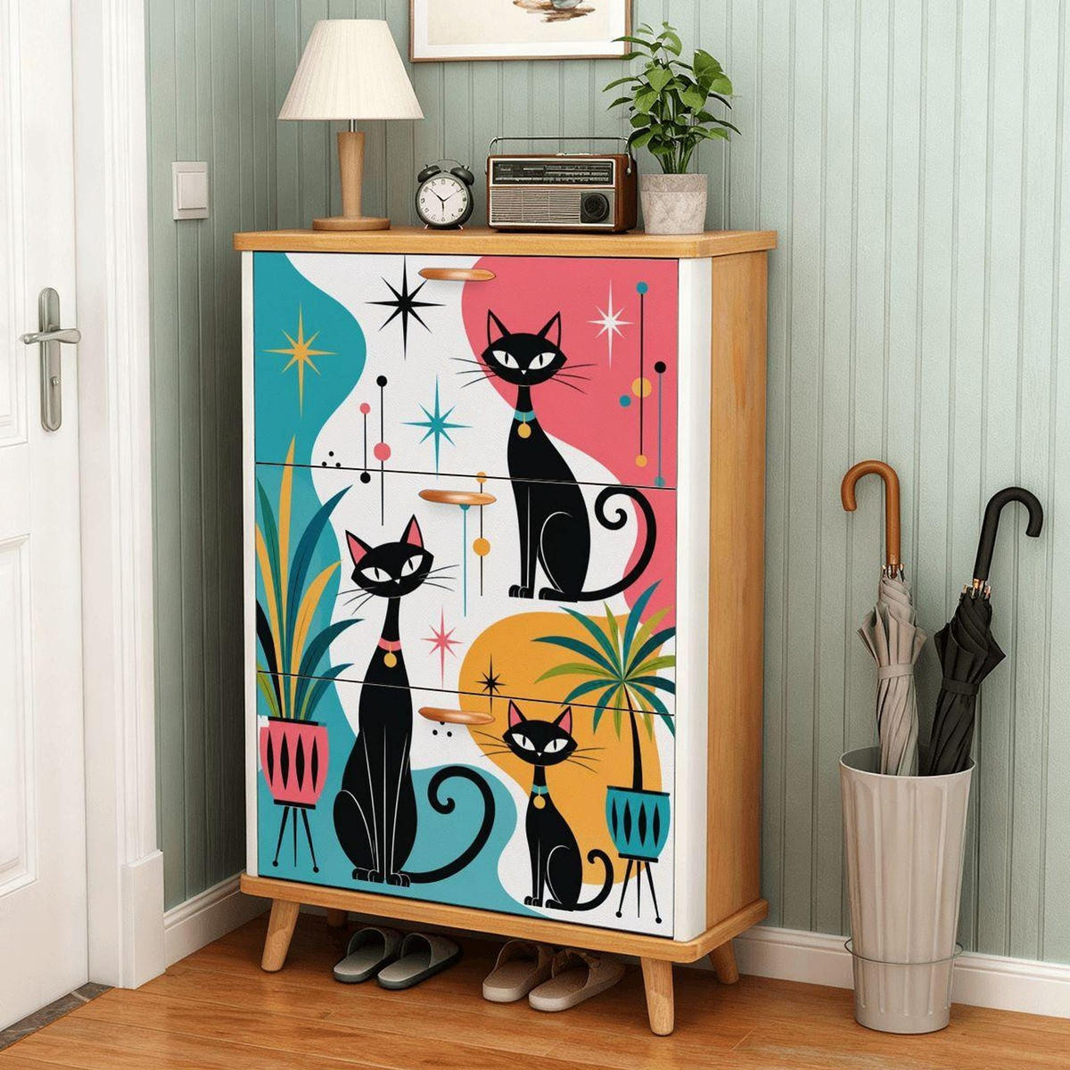 Mid-Century Shoe Cabinet with Colorful Atomic Cats Design, MDF Wood Storage Solution