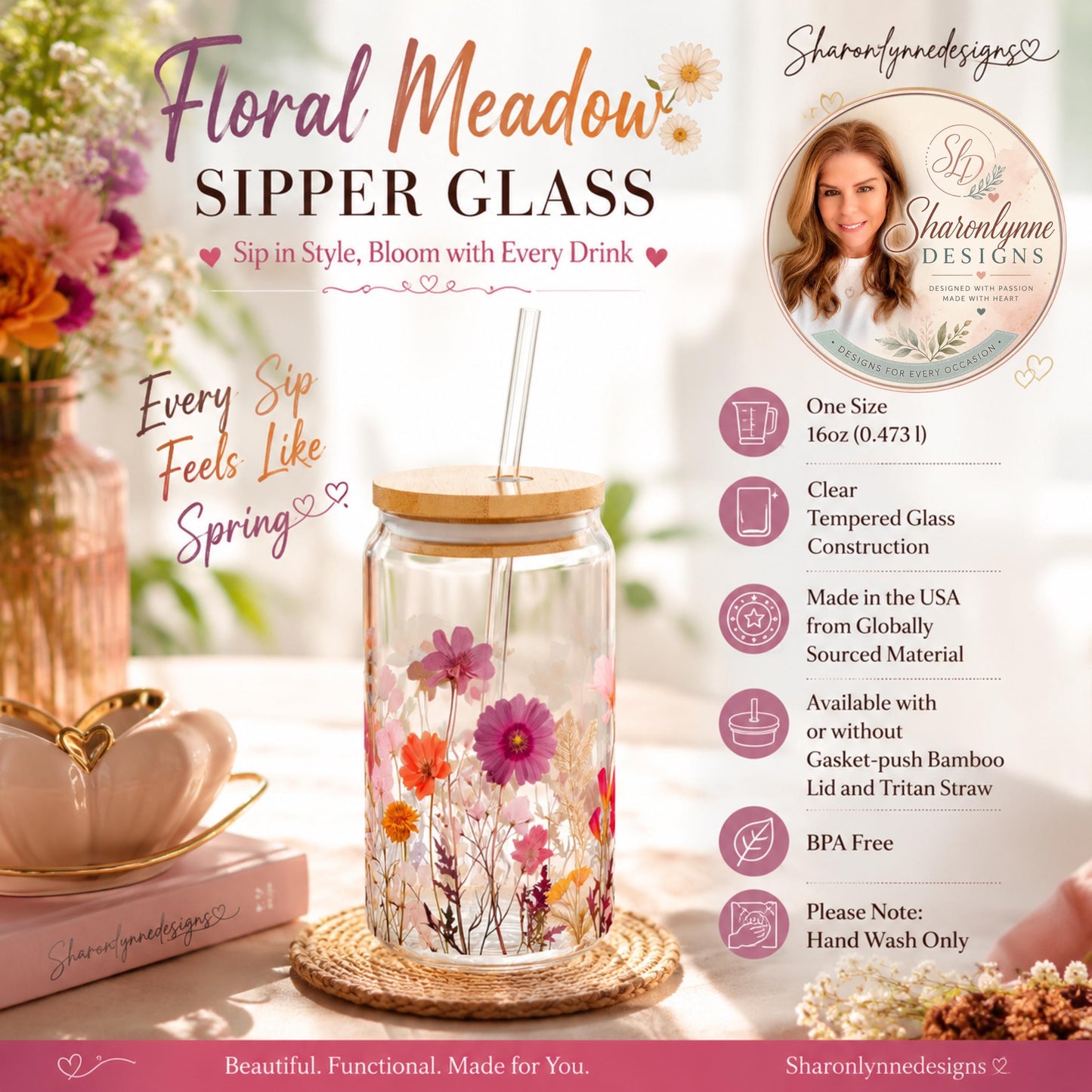 Pressed Flower Glass Sipper, 16oz Tempered Tumbler with Bamboo Lid Option
