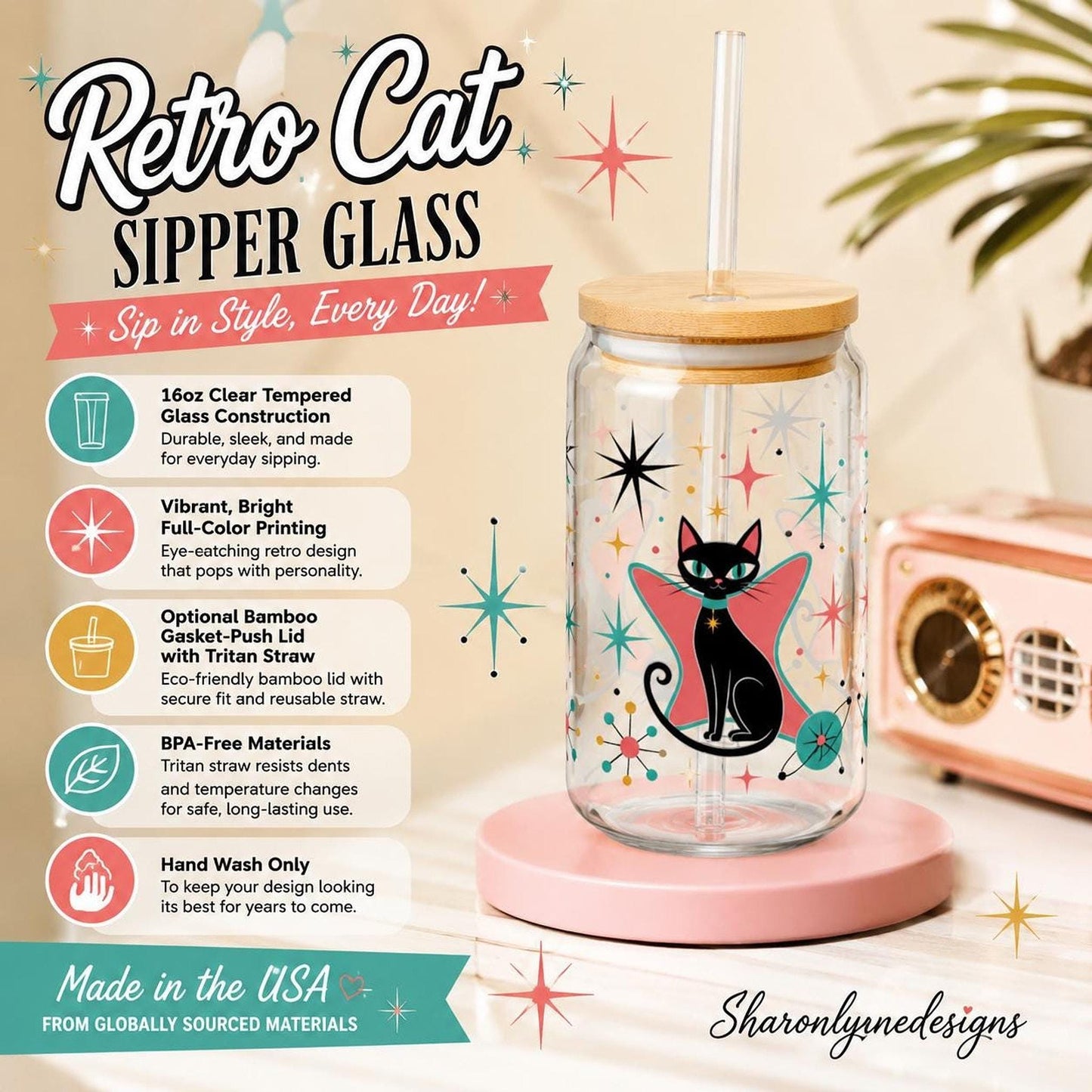 Retro Cat Tumbler, 16oz Clear Sipper Glass with Bamboo Lid and Straw