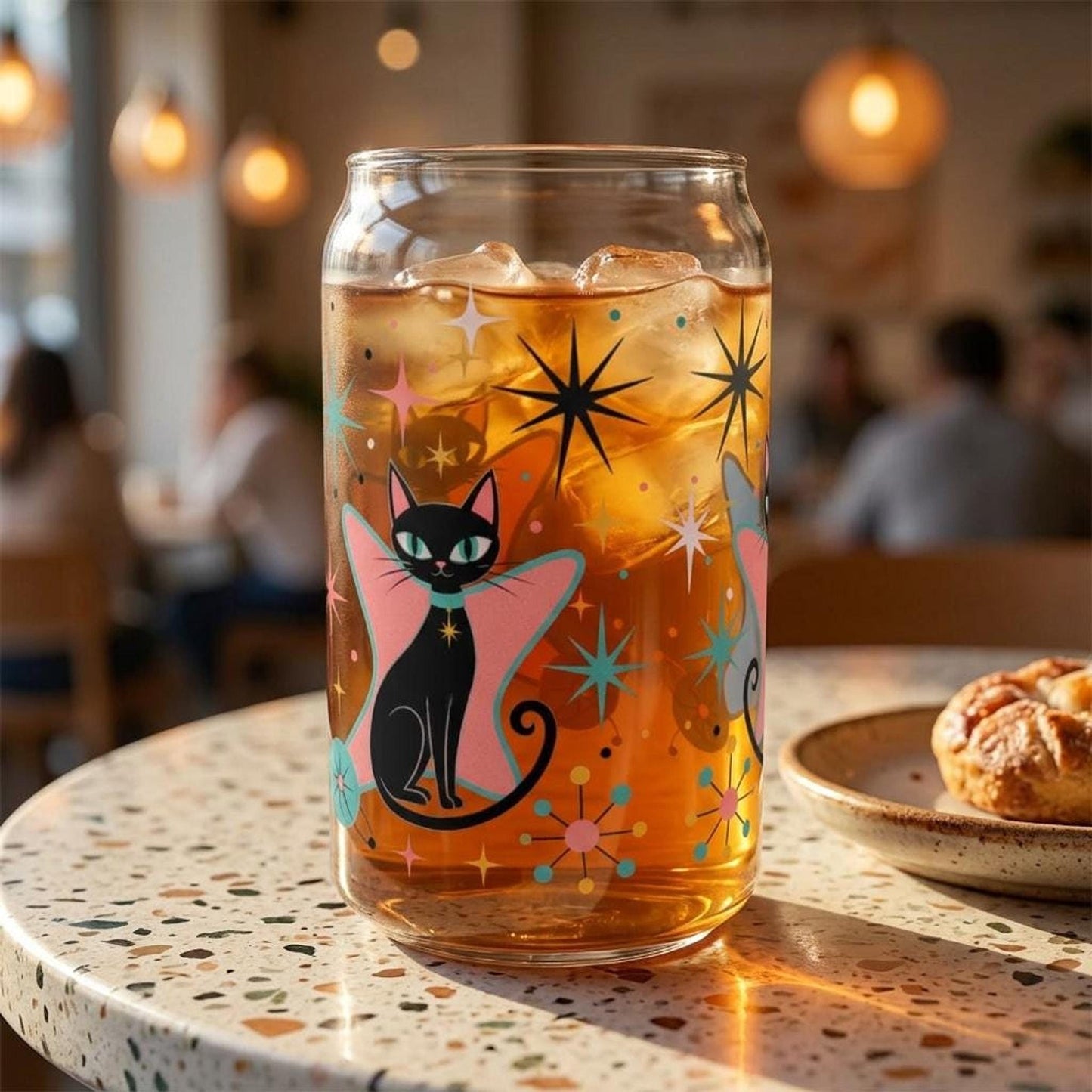 Retro Cat Tumbler, 16oz Clear Sipper Glass with Bamboo Lid and Straw