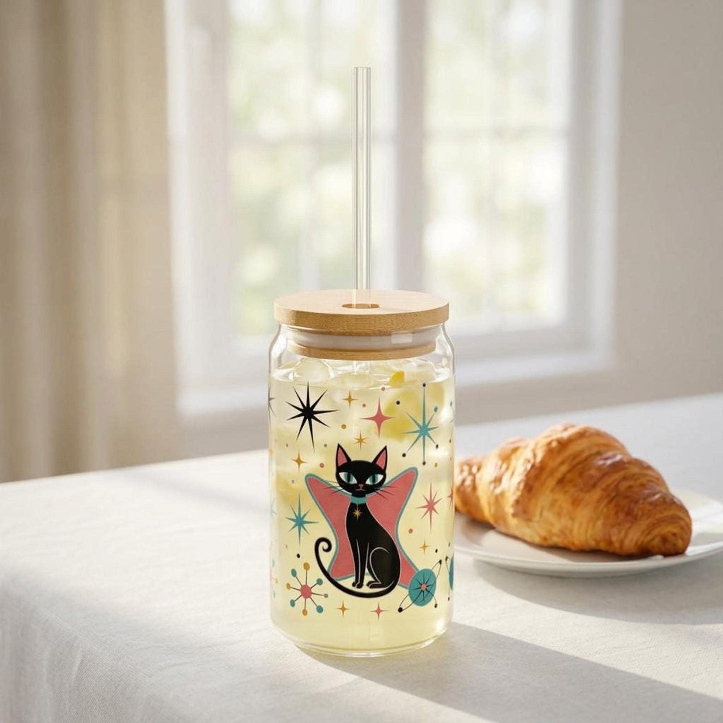 Retro Cat Tumbler, 16oz Clear Sipper Glass with Bamboo Lid and Straw