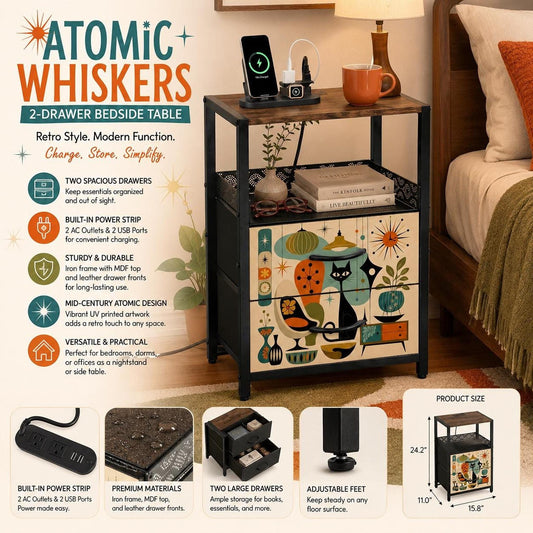 2-Drawer Bedside Table with Power Strip, Modern MDF Nightstand and Spacious Storage