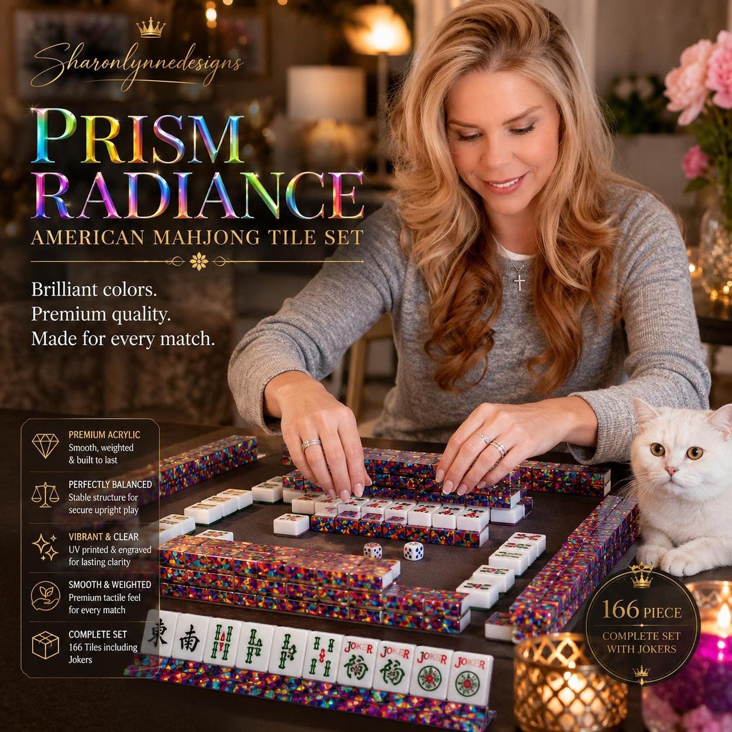 Colorful Acrylic Mahjong Tile Set with Prism Radiance Design