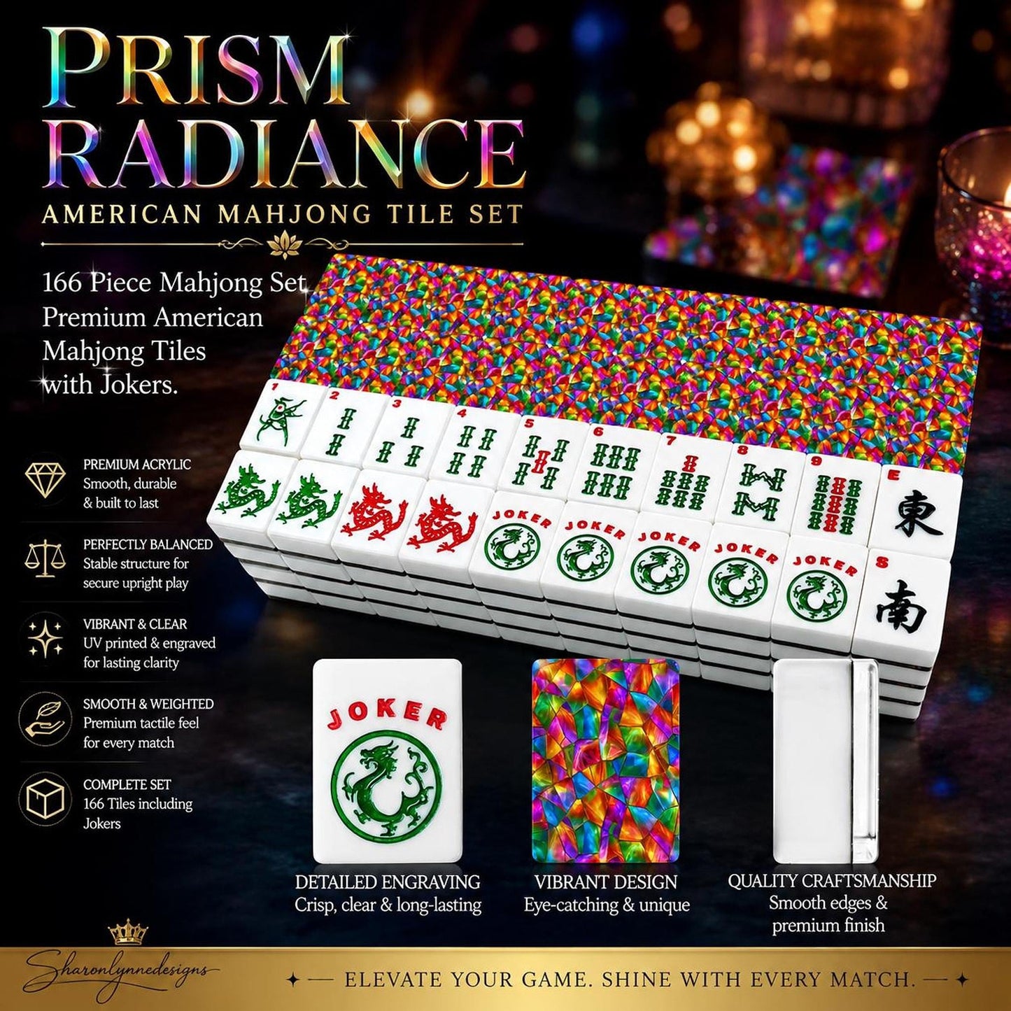 Colorful Acrylic Mahjong Tile Set with Prism Radiance Design