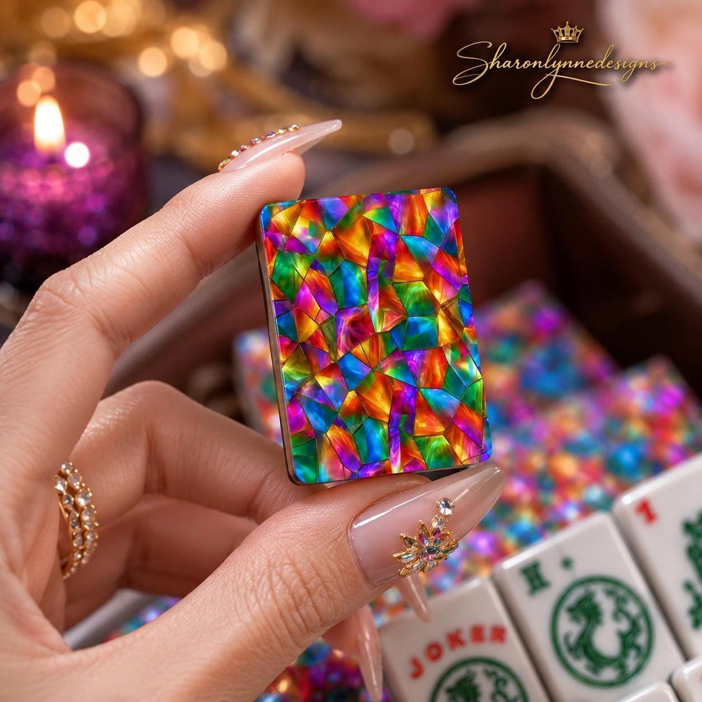 Colorful Acrylic Mahjong Tile Set with Prism Radiance Design