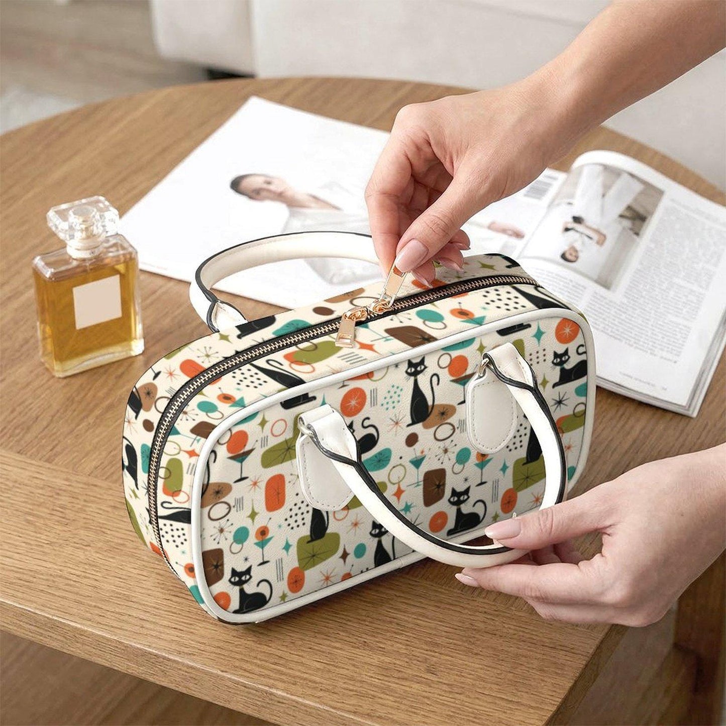 Retro Cat Barrel Handbag, Water-Resistant PU Leather, Animal Print Purse