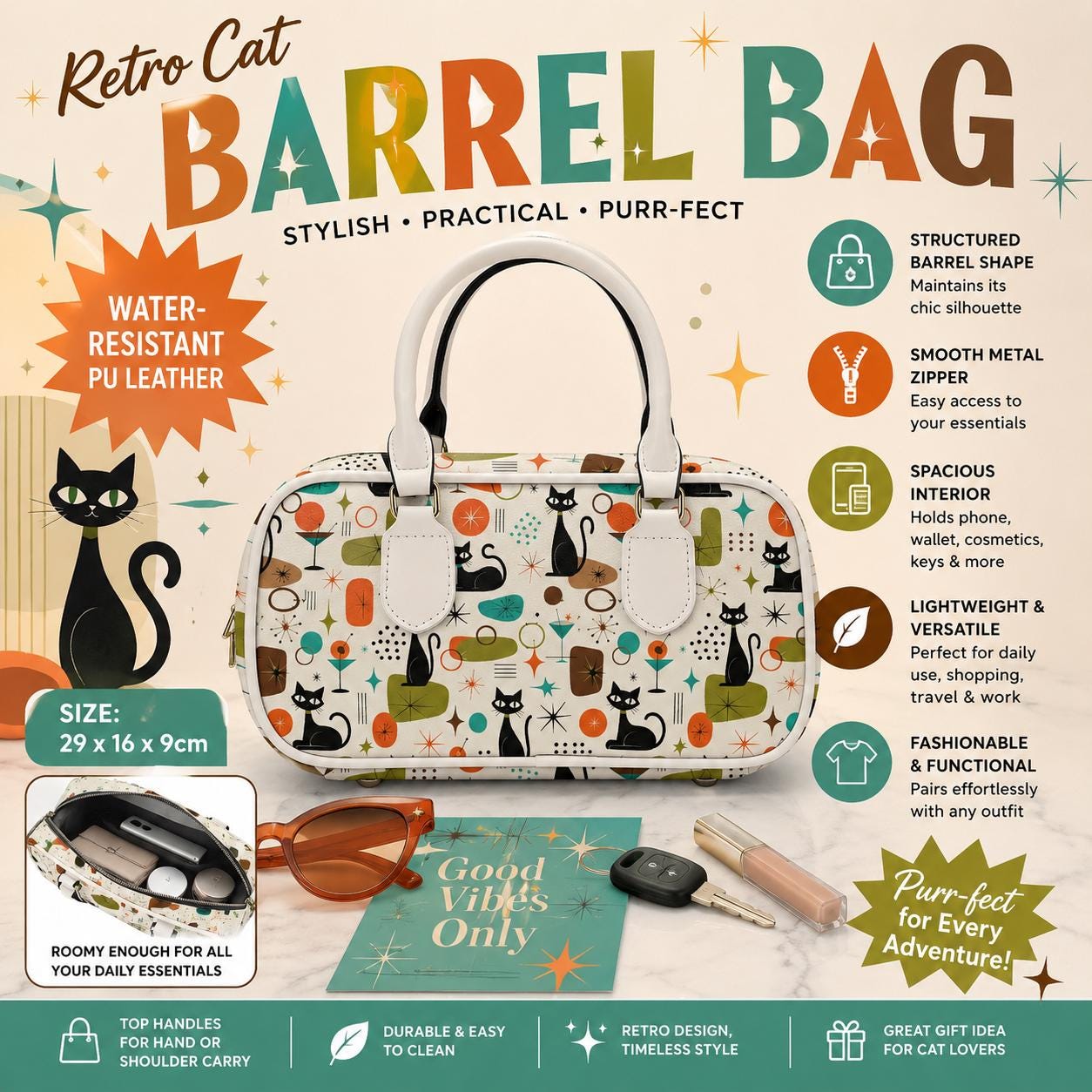 Retro Cat Barrel Handbag, Water-Resistant PU Leather, Animal Print Purse