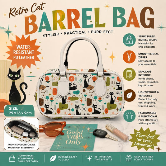 Retro Cat Barrel Handbag, Water-Resistant PU Leather, Animal Print Purse