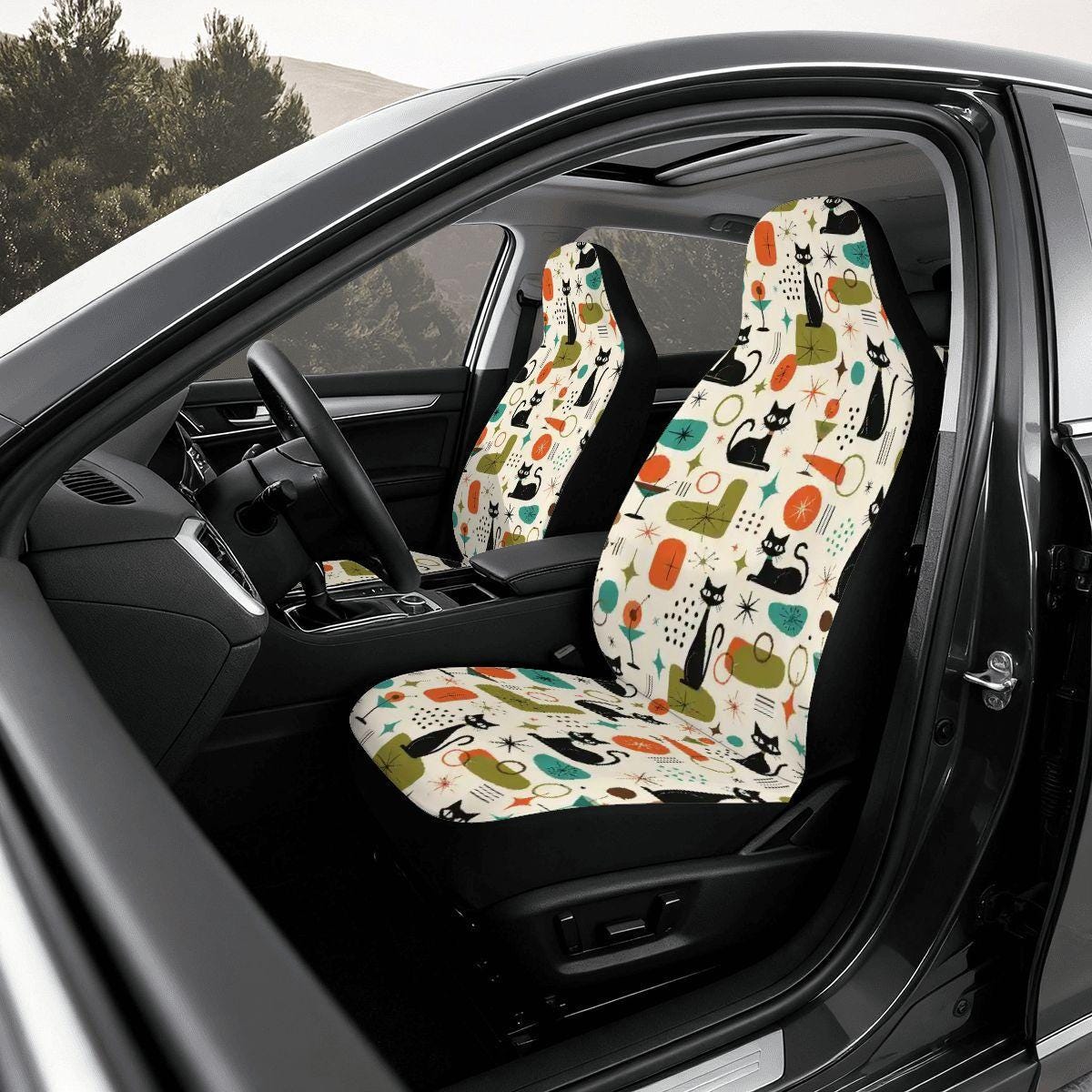 Retro Cat Car Seat Covers Full Set | Vibrant Pattern, Polyester & Sponge Material