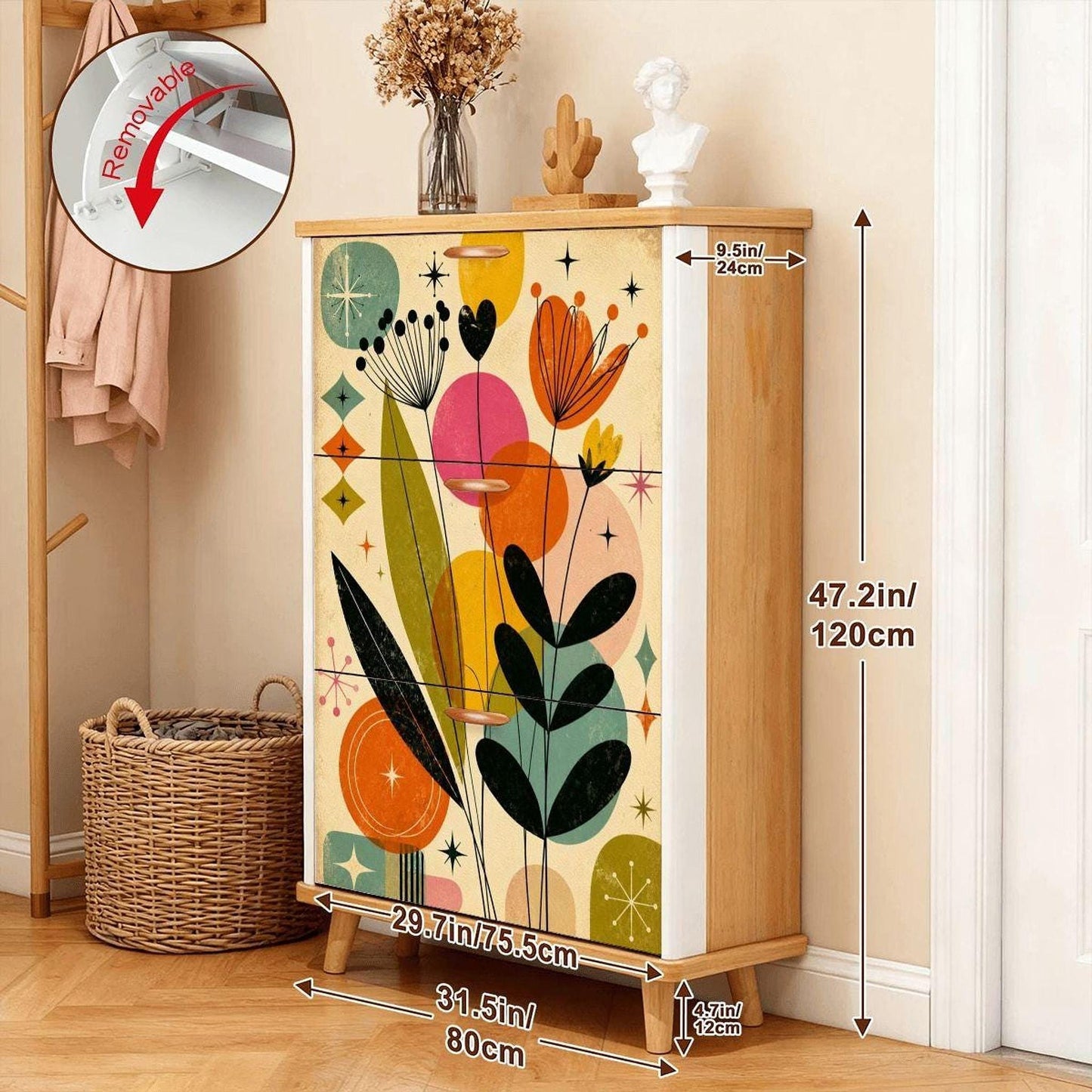 Mid Century Cabinet with Atomic Bloom Design, Colorful Shoe Storage Organizer