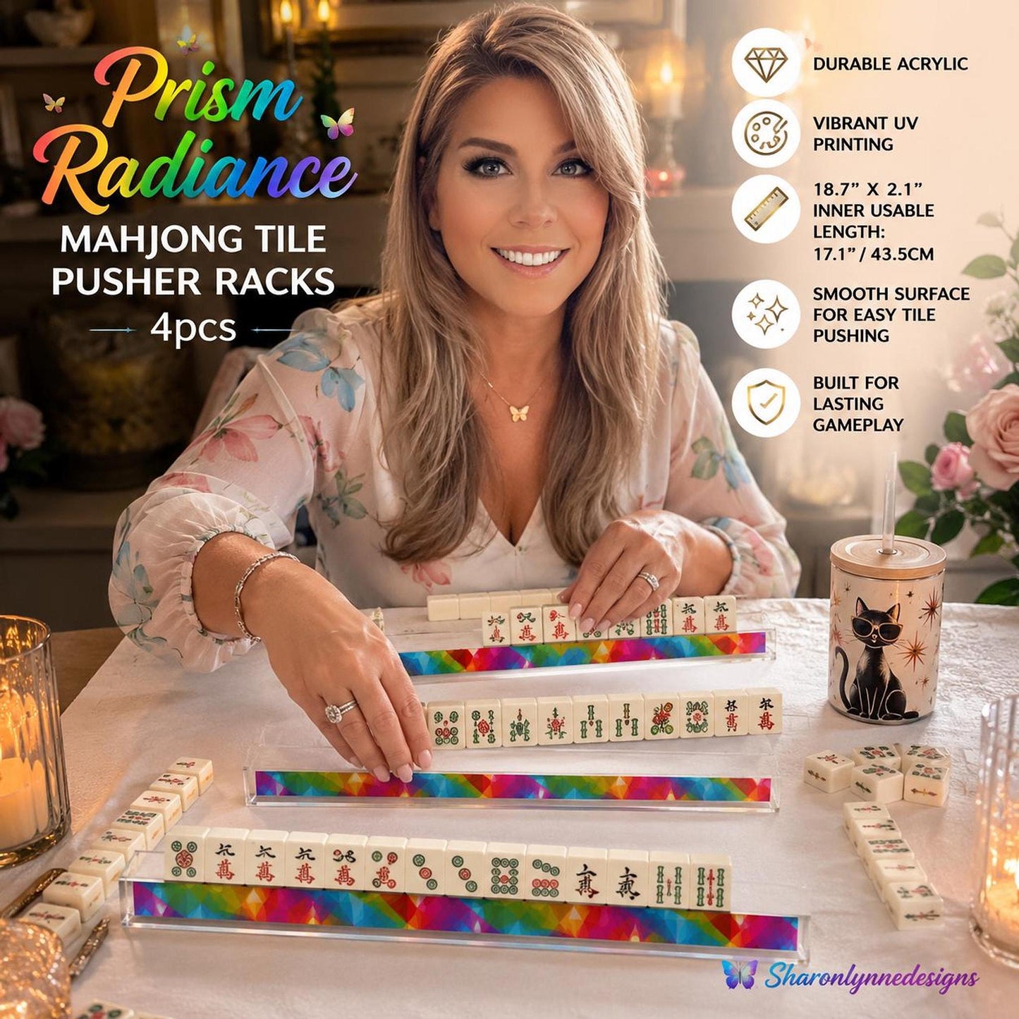 Mahjong Tile Pushers – Set of 4 Prism Radiance Acrylic Racks with Rainbow Design