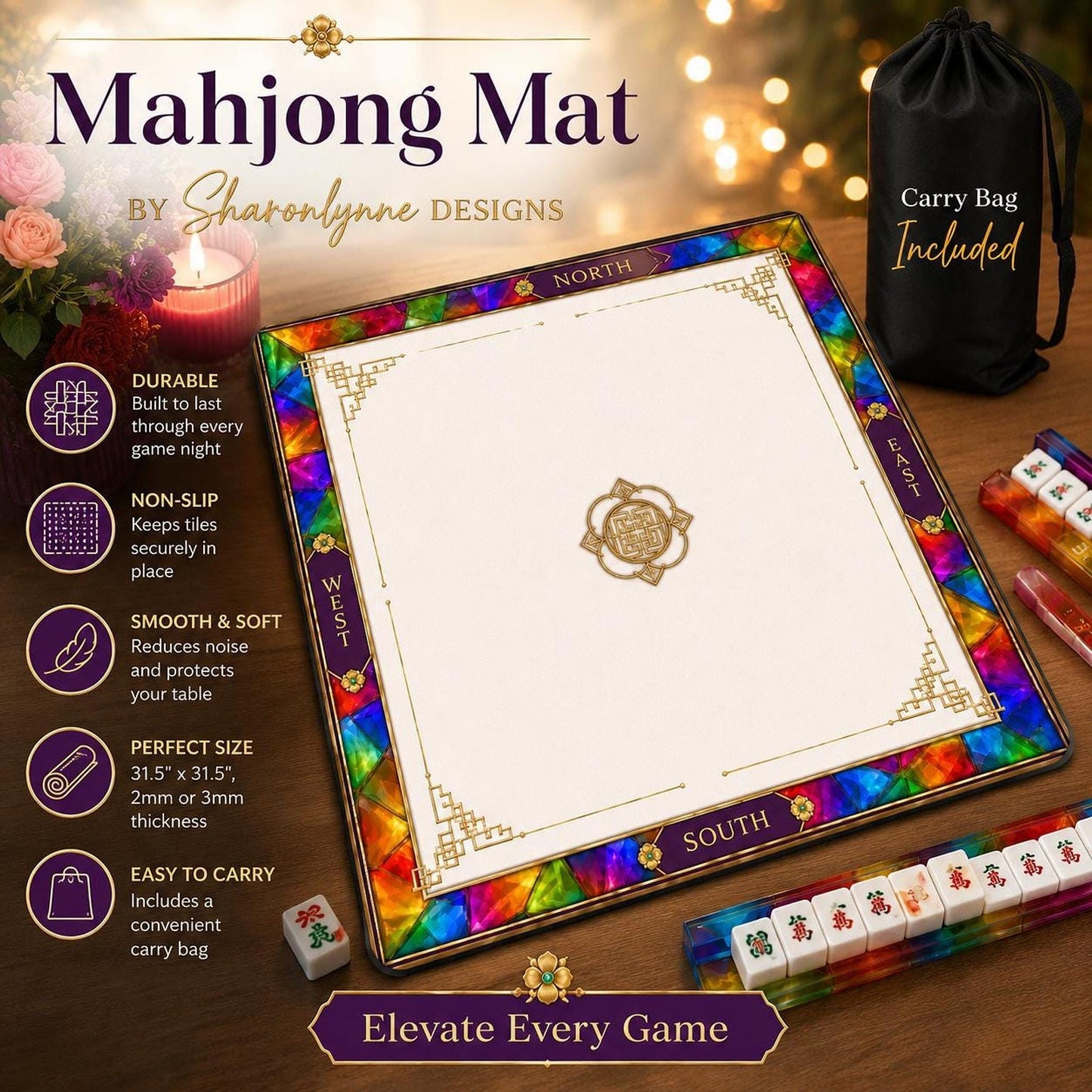 Mahjong Game Mat – Vibrant Non-Slip Playing Surface with Carry Bag