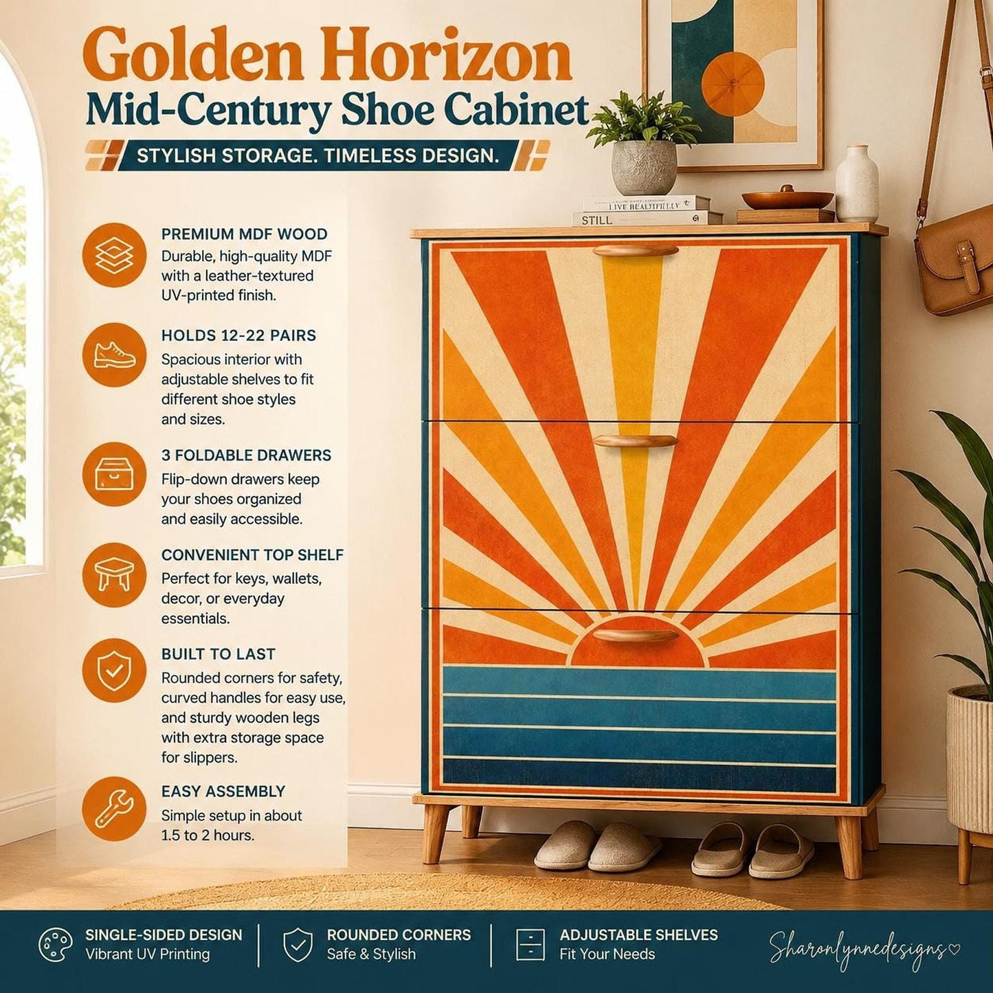 Mid Century Decor Golden Horizon Shoe Cabinet | Retro Entryway Storage with Flip Doors