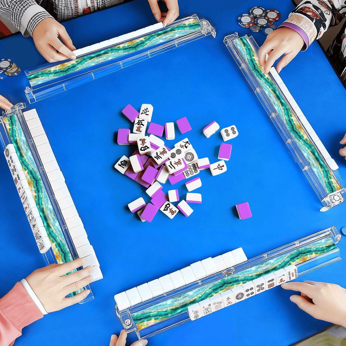 Turquoise Tide Mahjong Racks, Acrylic Tile Pushers, 4-Piece Set