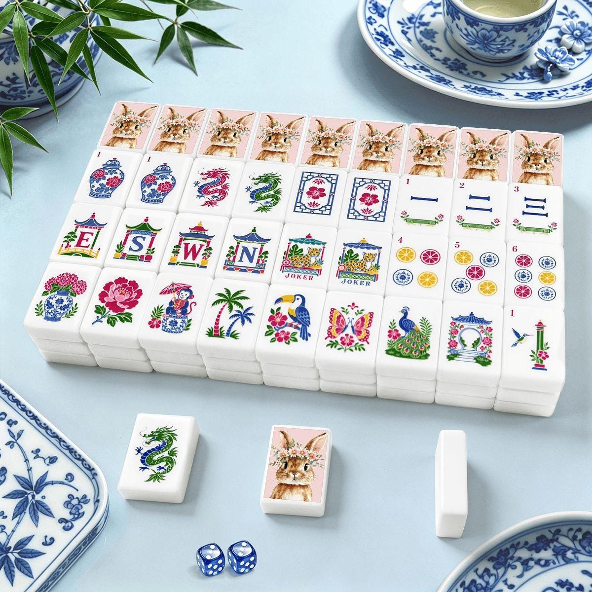 Rabbit Mahjong Tiles Set, Acrylic 160pcs Traditional Porcelain Style Single Layer