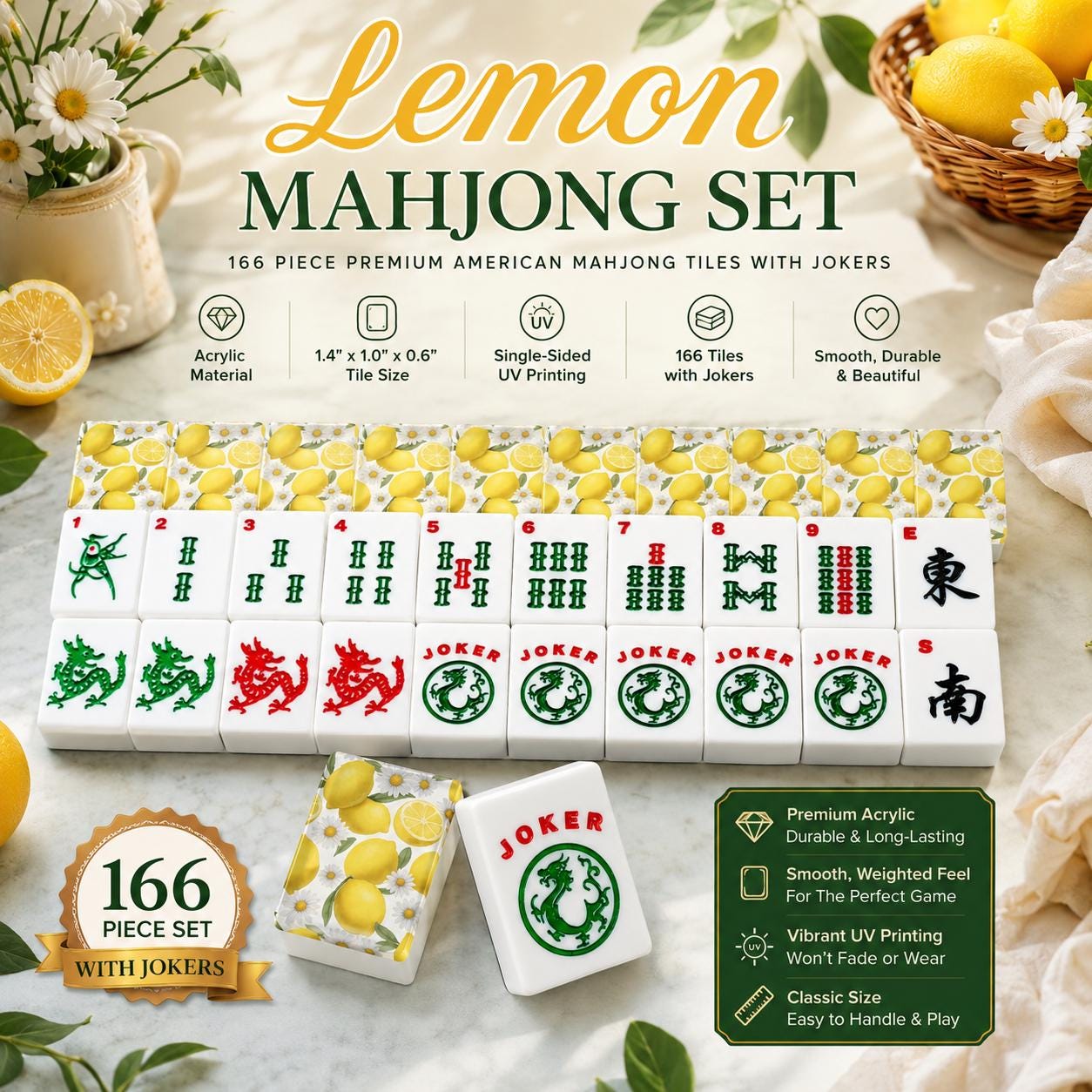 Lemon American Mahjong Tiles Set | 166 Acrylic Pieces with Jokers