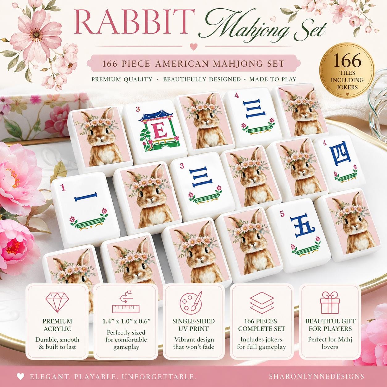 Rabbit Mahjong Tiles Set, Acrylic 160pcs Traditional Porcelain Style Single Layer