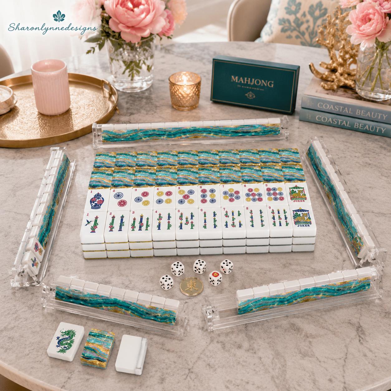 Turquoise Tide Mahjong Racks, Acrylic Tile Pushers, 4-Piece Set