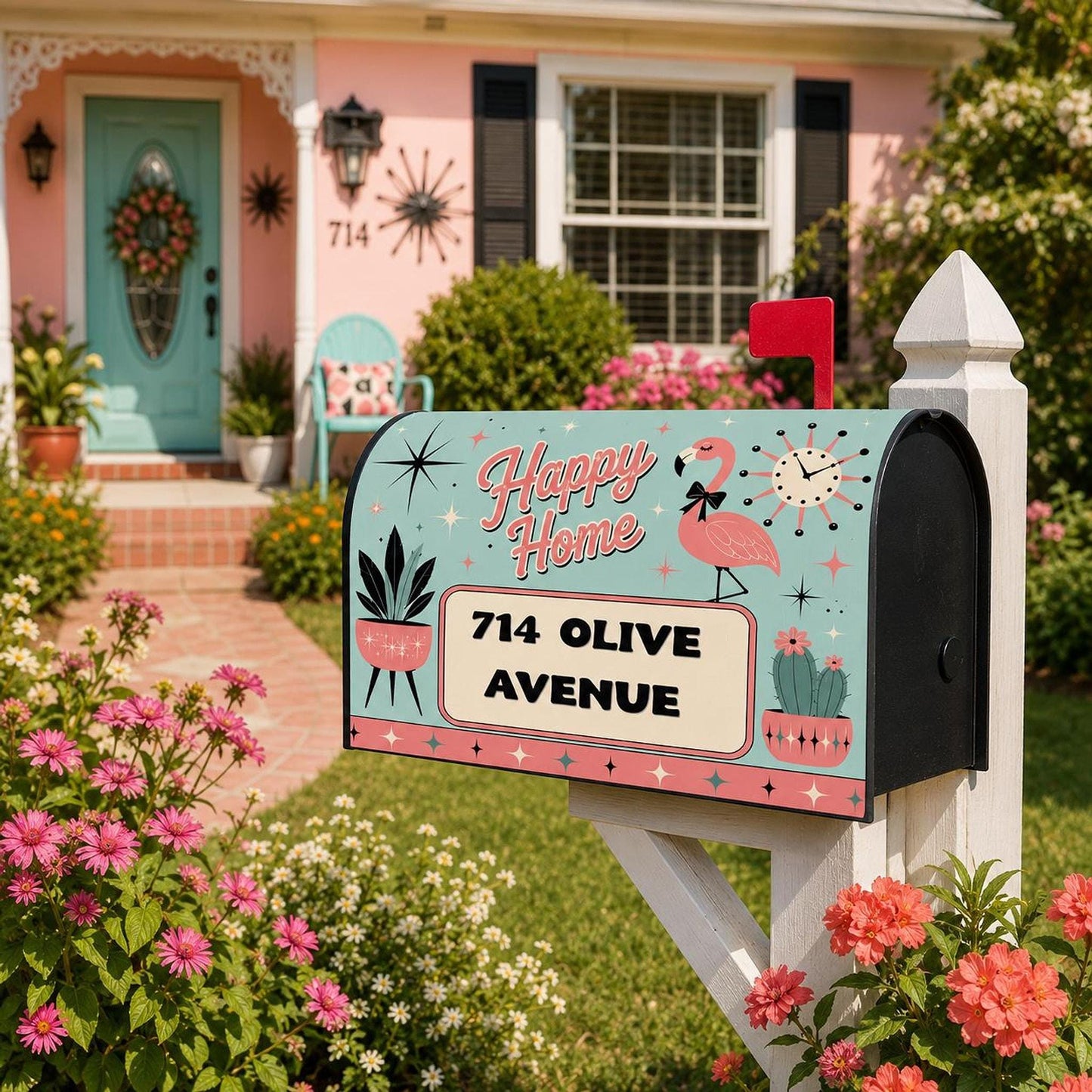 Custom Mailbox Cover with Retro Flamingo Design, Personalized Outdoor Decor