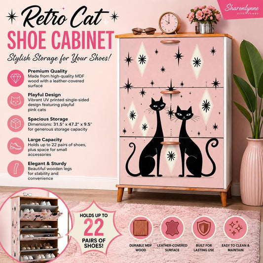 Retro Pink Cat Shoe Cabinet | Made in USA | Vintage Feline Decor | Midcentury Storage