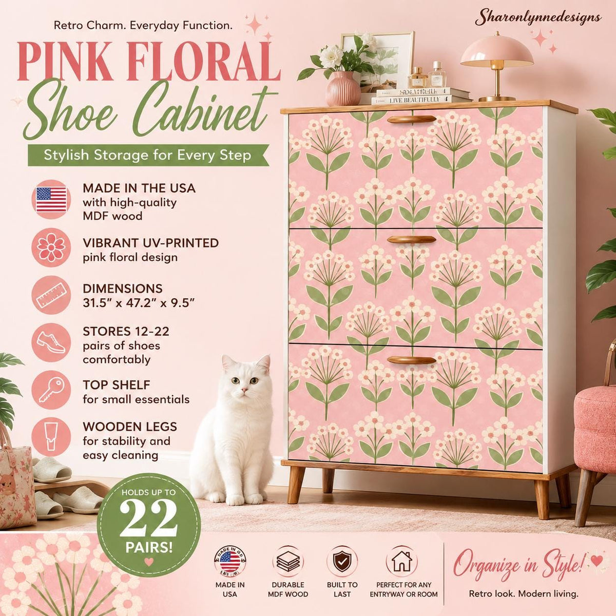Pink Flower Shoe Cabinet | Made in USA | Durable Storage Organizer with Floral Pattern