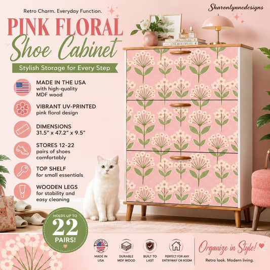 Pink Flower Shoe Cabinet | Made in USA | Durable Storage Organizer with Floral Pattern