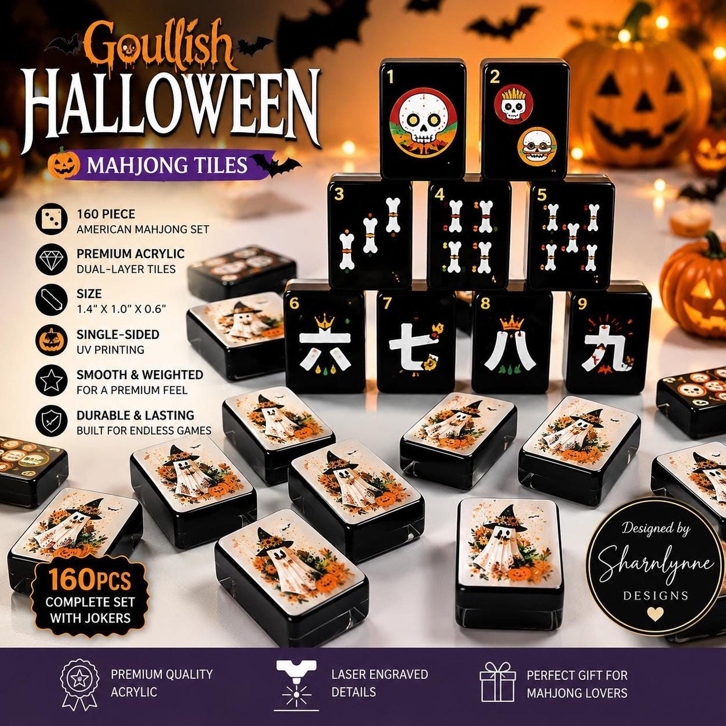 Halloween Mahjong Tile Set, Ghoulish Acrylic Design with 160 Pieces