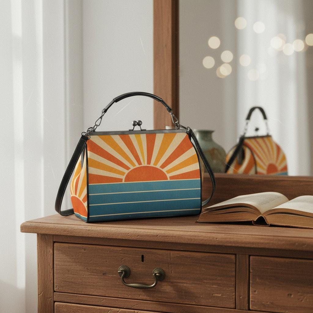 Retro Kisslock Bag, Large Vintage Crossbody Purse with Sunrise Pattern