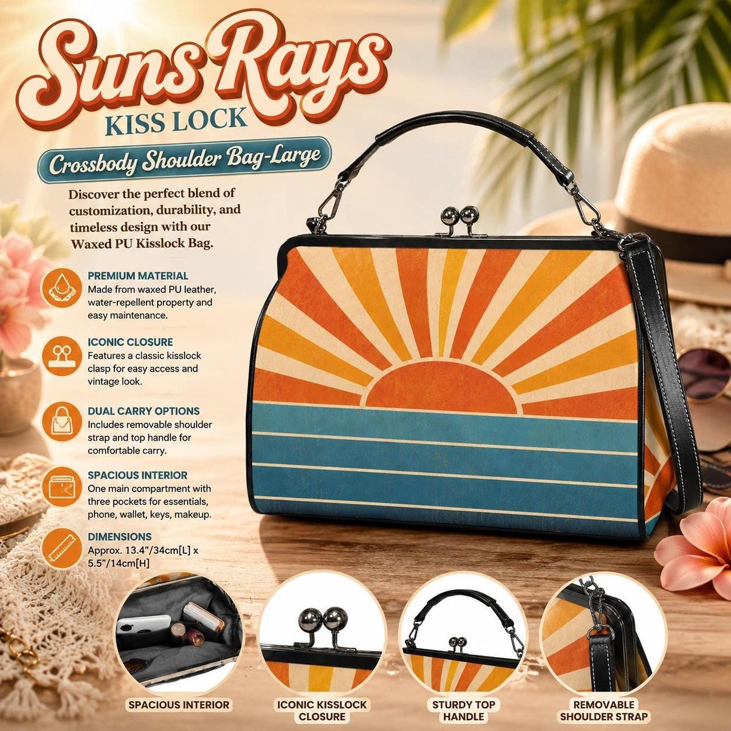 Retro Kisslock Bag, Large Vintage Crossbody Purse with Sunrise Pattern