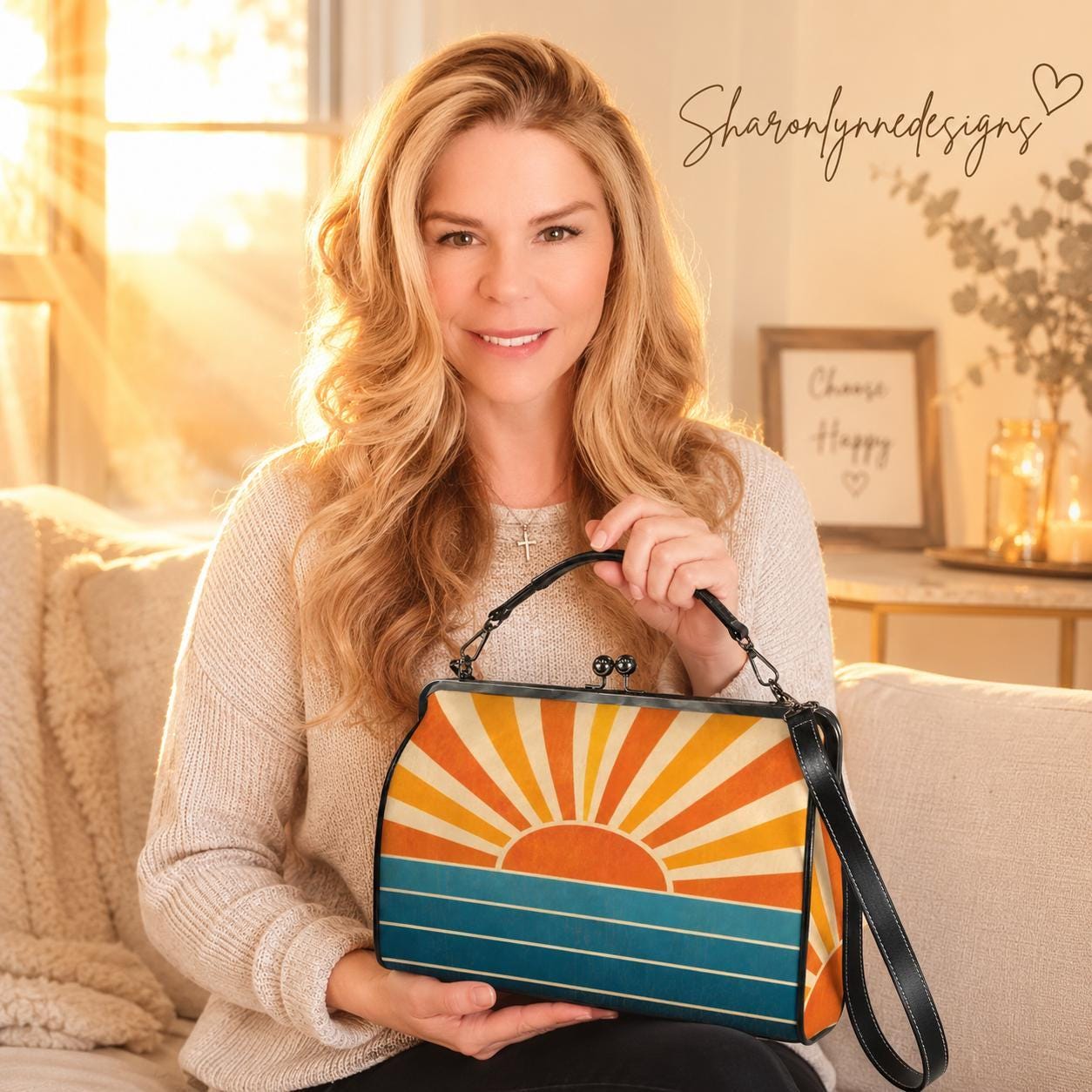 Retro Kisslock Bag, Large Vintage Crossbody Purse with Sunrise Pattern