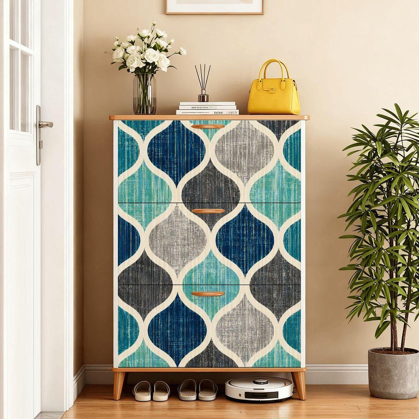 Retro Chic Shoe Storage Mid-Century Cabinet with Colorful Mosaic Design and 3 Flip Drawers