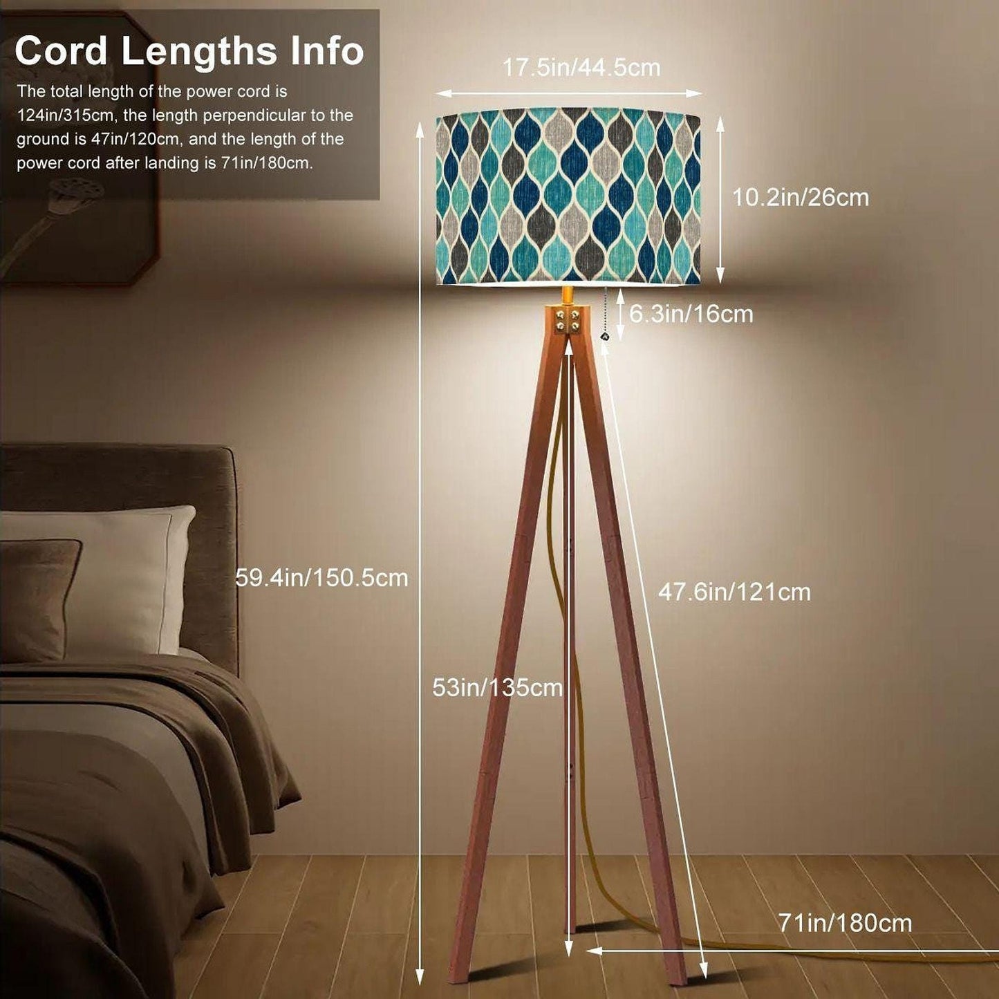 Mid Century Lamp with Ocean Mosaic Shade, Tripod Floor for Living Room