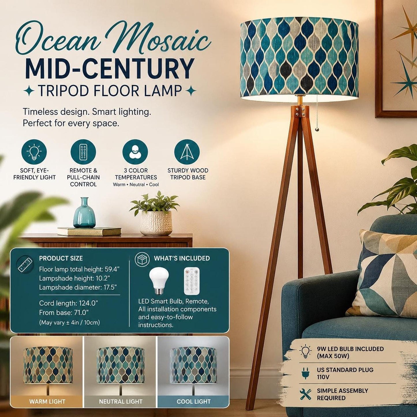 Mid Century Lamp with Ocean Mosaic Shade, Tripod Floor for Living Room