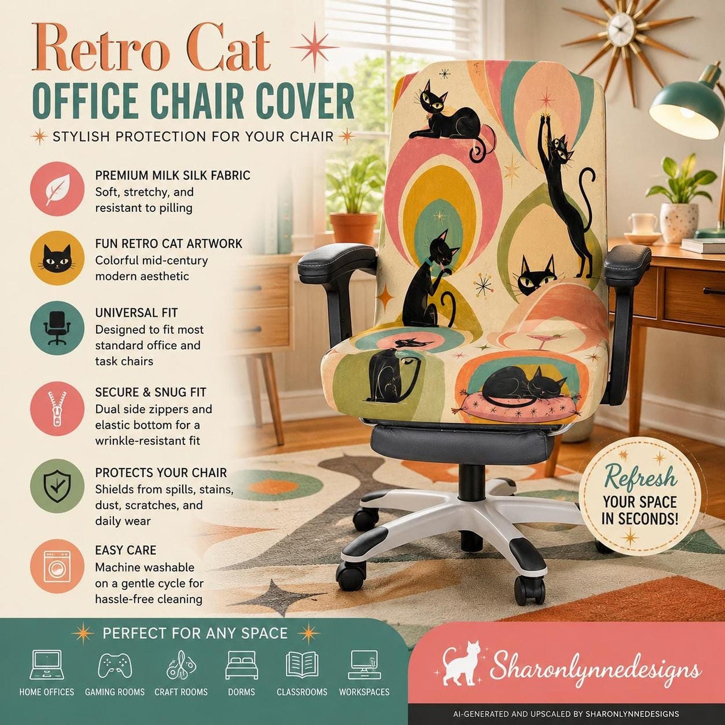 Retro Cat Office Chair Cover – Vibrant Slipcover for Mid-Century Modern