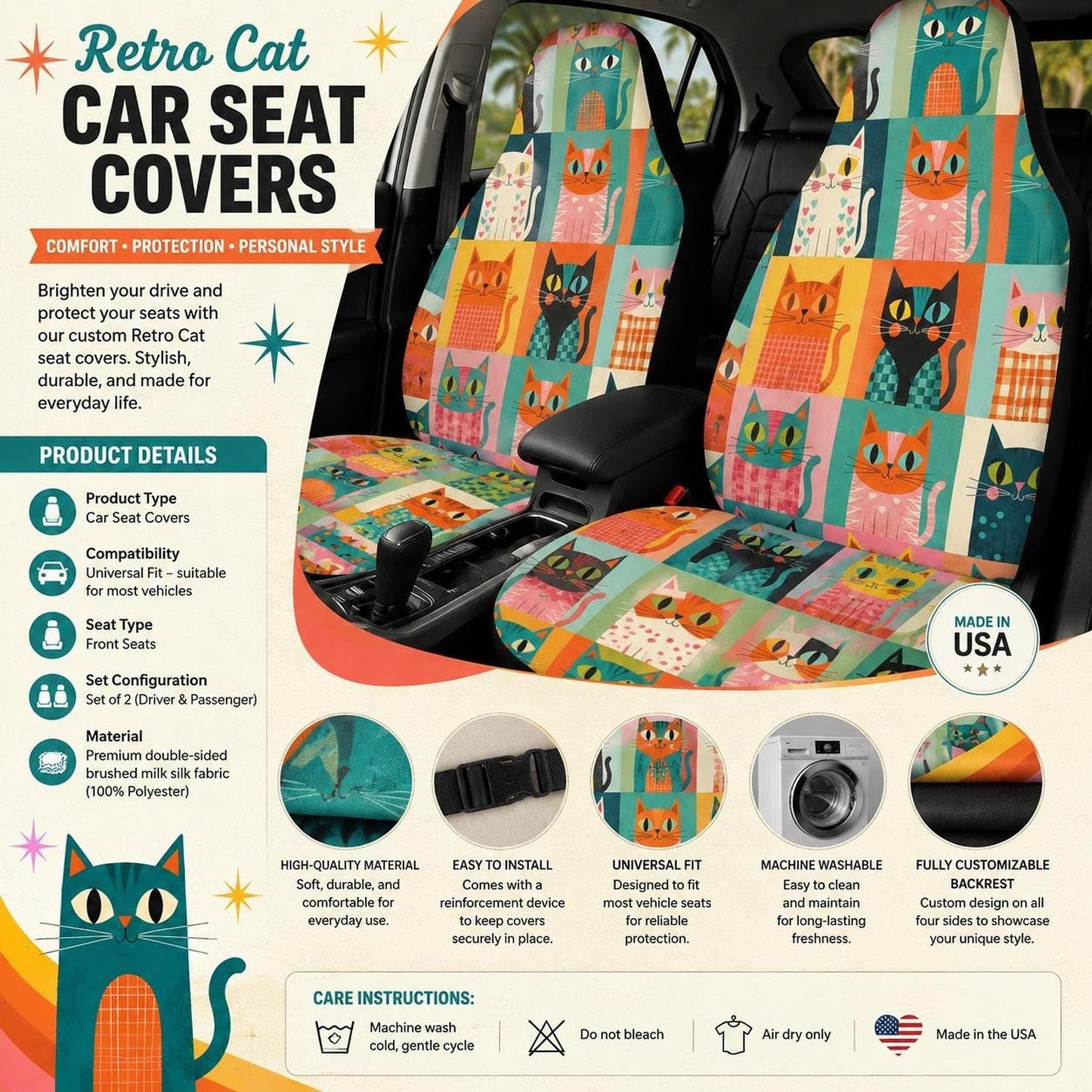 Retro Car Seat Cover, Colorful Cats Design, Universal Fit and Machine Washable