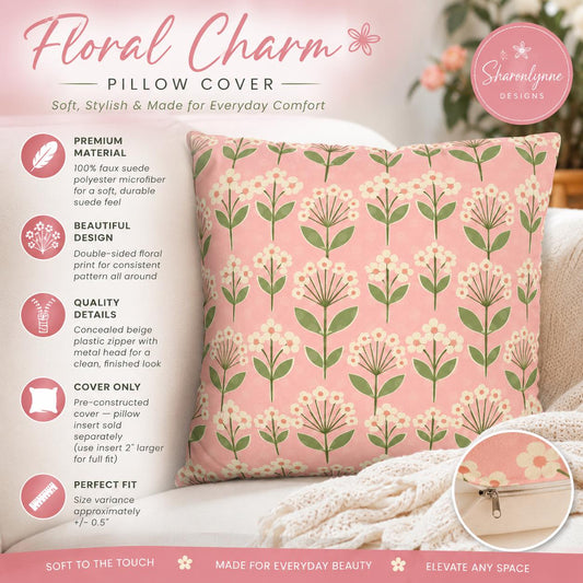 Pink Floral Pattern Faux Suede Pillowcase | Square Throw Pillow