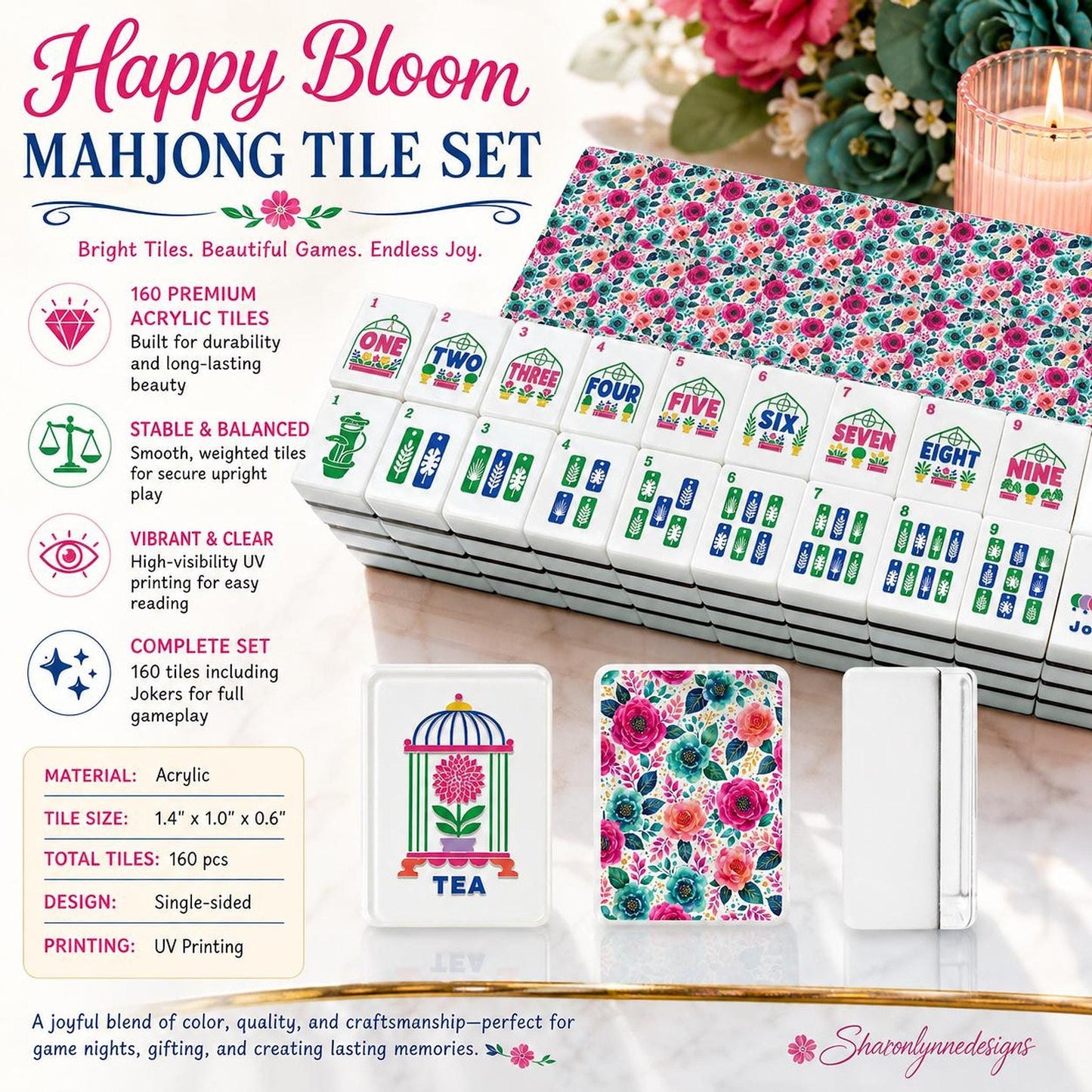 Floral Mahjong Set, 160-Piece Acrylic Tiles with Jokers