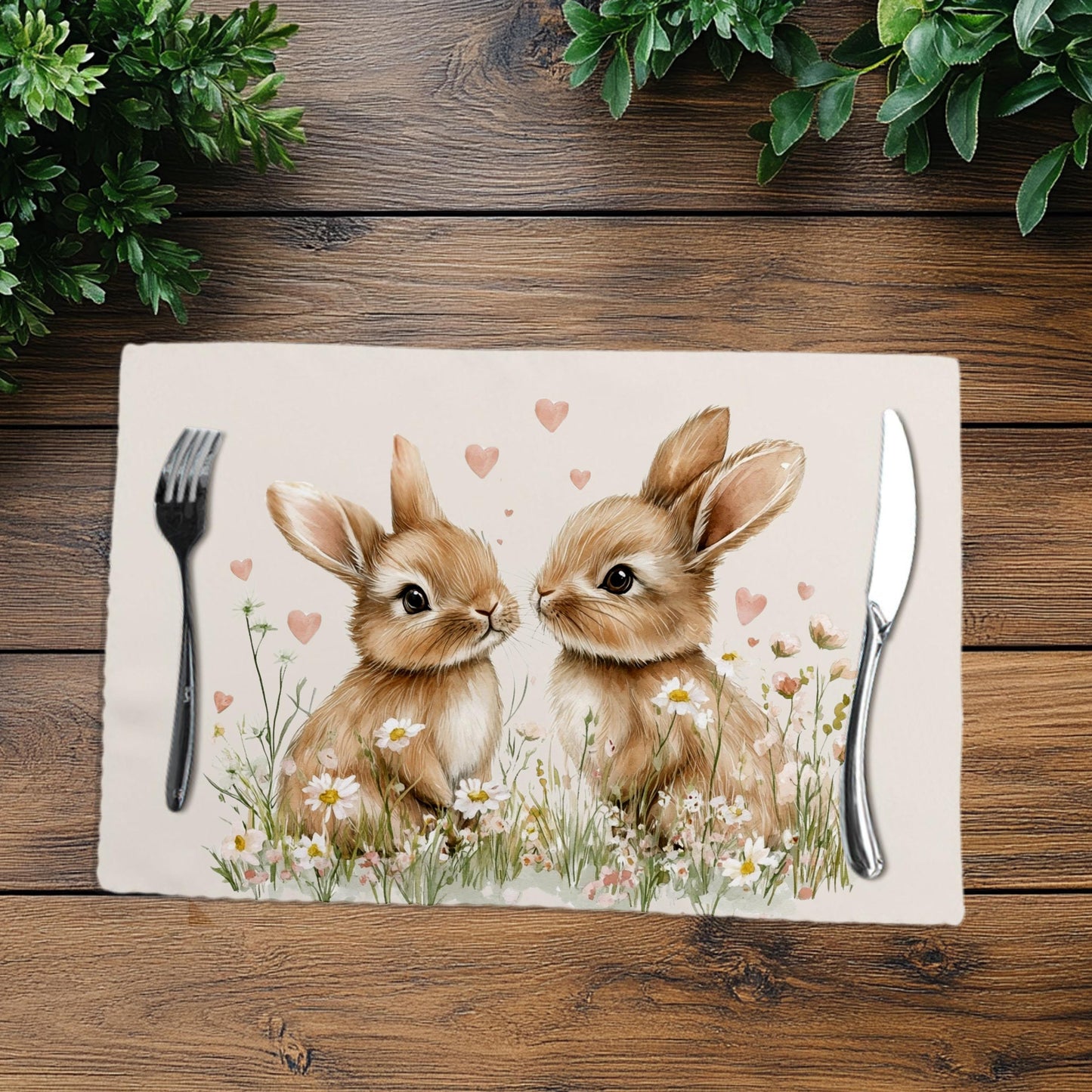 Bunny Placemats Set of 6, Durable Polyester Table Protectors with Floral Design