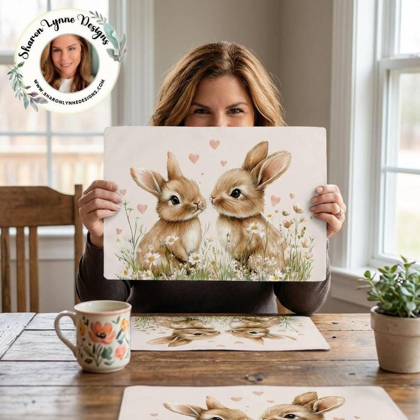 Bunny Placemats Set of 6, Durable Polyester Table Protectors with Floral Design