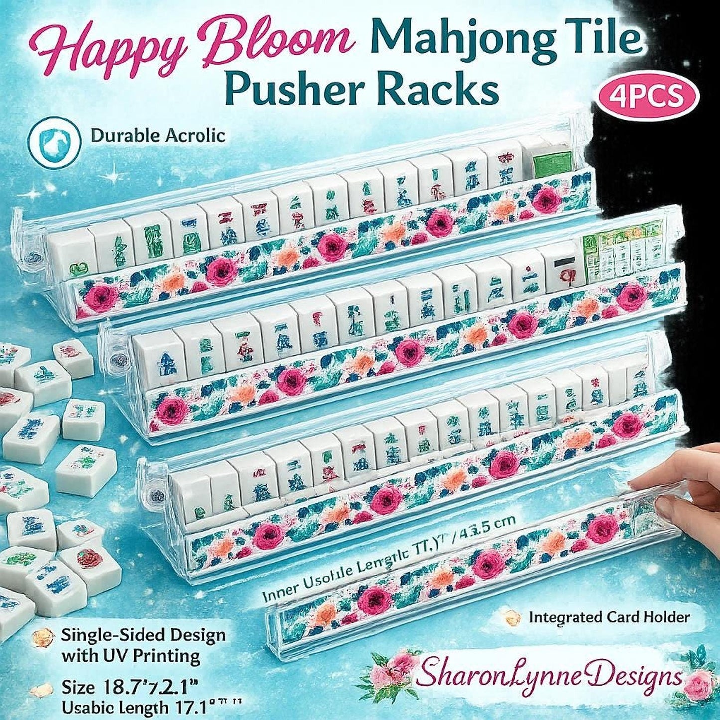 Mahjong Rack Set, Happy Bloom Floral Acrylic with Card Holders